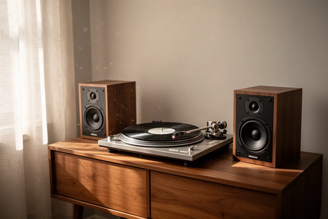 Platenspeler die een vinylplaat draait op een dressoir met aan weerszijden speakers