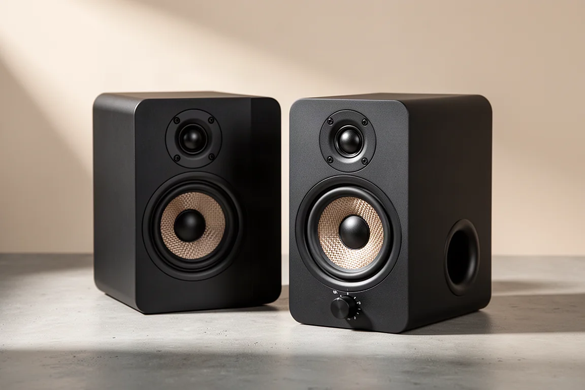 Pair of compact powered bookshelf speakers with exposed drivers on a concrete surface