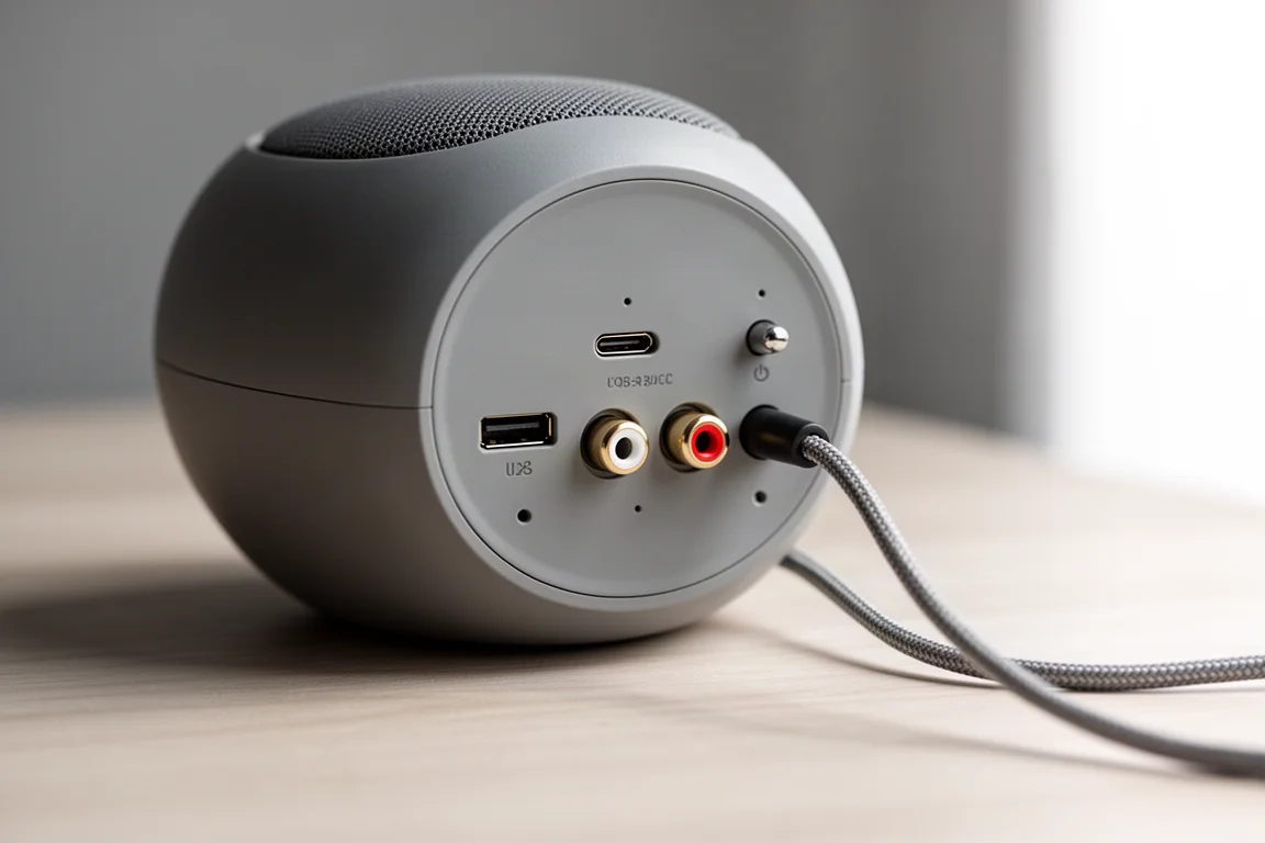 USB-C 및 RCA 포트와 케이블이 보이는 컴팩트 스피커의 후면 패널 디테일