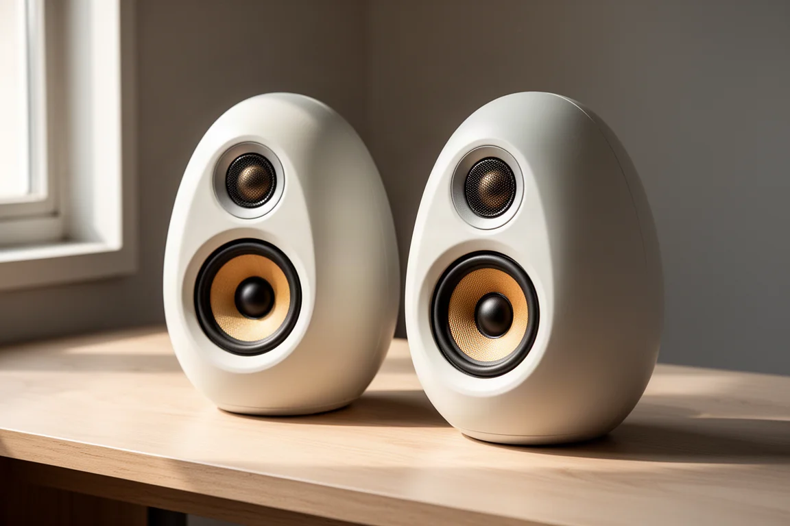 Two compact rounded desktop speakers in chalk white on a pale oak desk surface