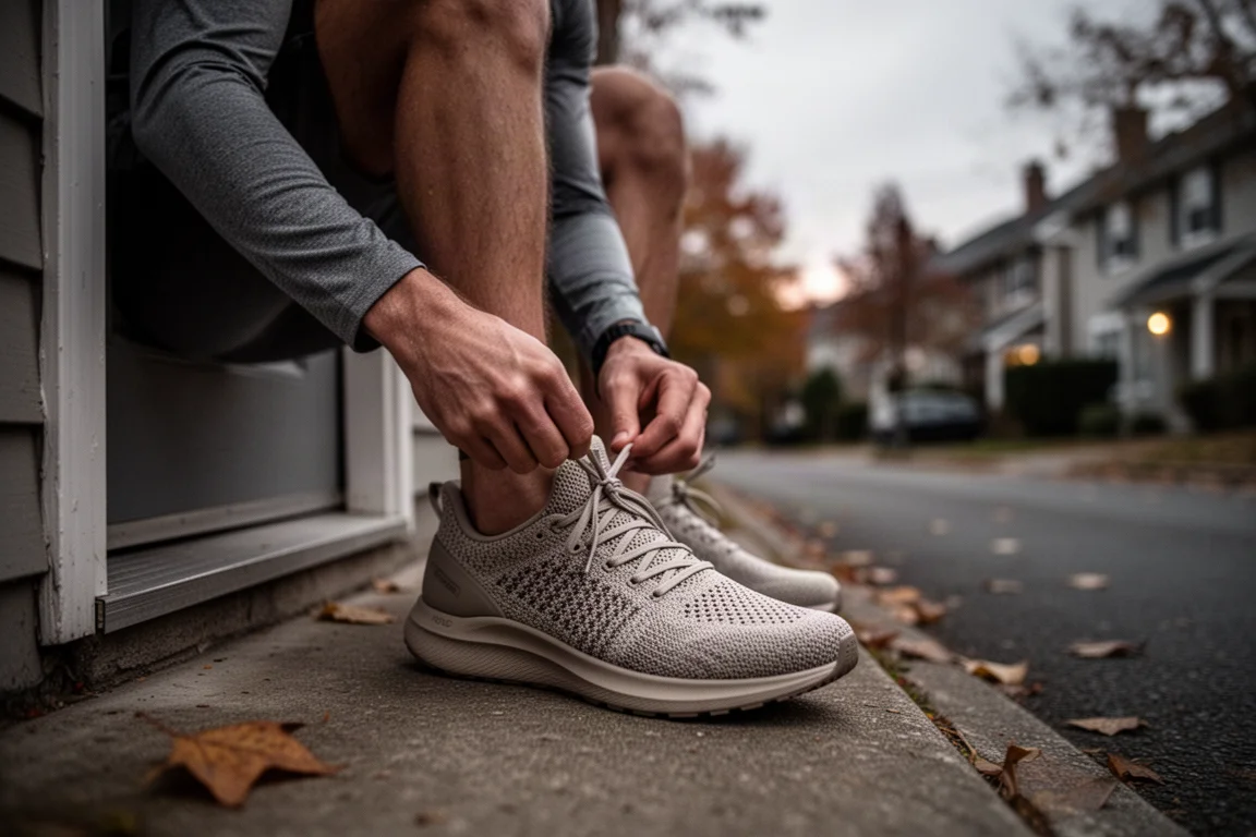 Un coureur lace une chaussure de running neutre sur un seuil de porte avant une course du soir