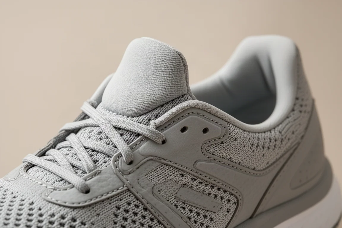 Gros plan sur une tige tricotée de chaussure de running montrant une languette rembourrée et des renforts