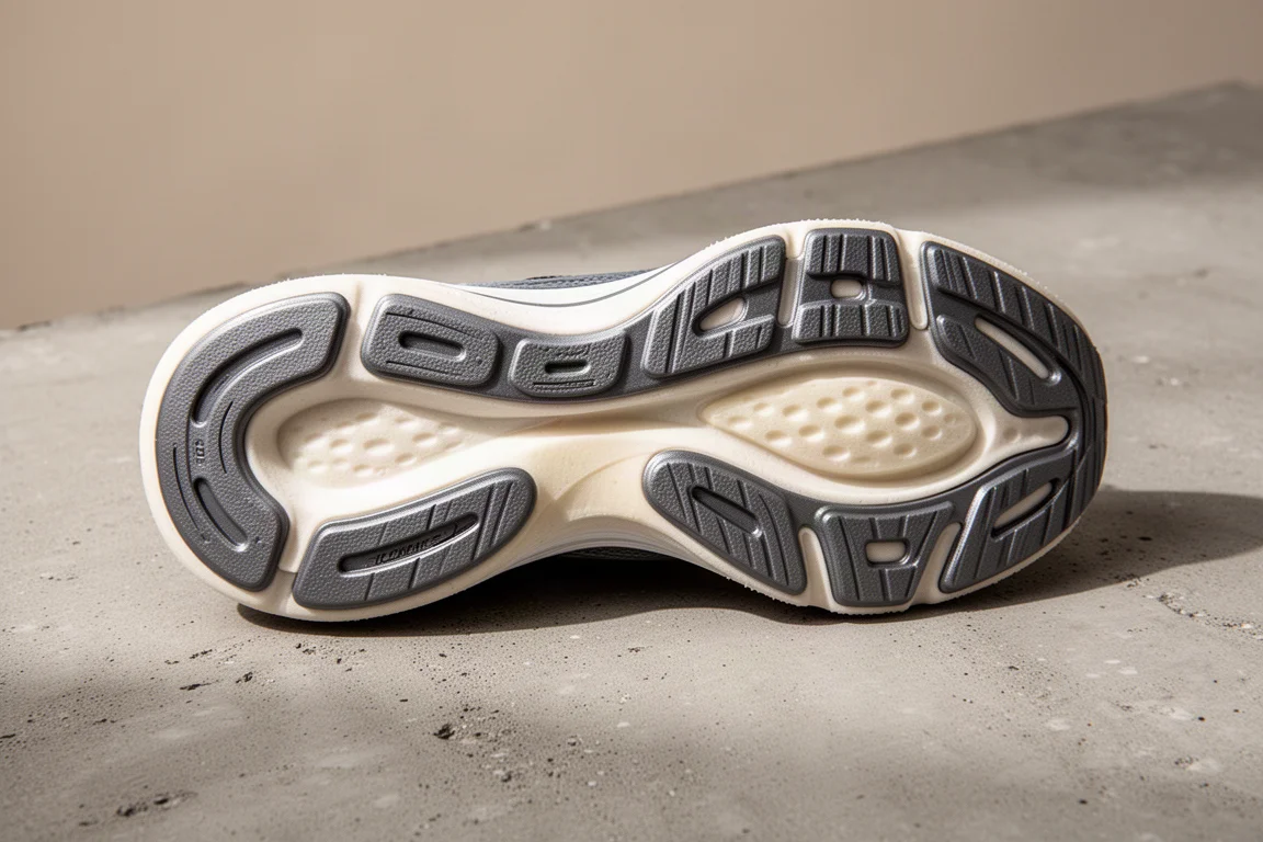 Semelle extérieure d'une chaussure de running montrant un intercalaire semi-exposé et des panneaux de caoutchouc soufflé