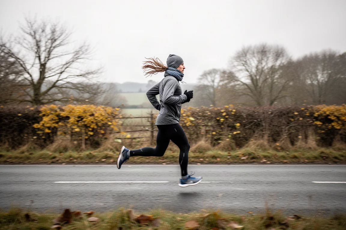 Un coureur évolue sur une route automnale au crépuscule, sous une lumière douce et couverte