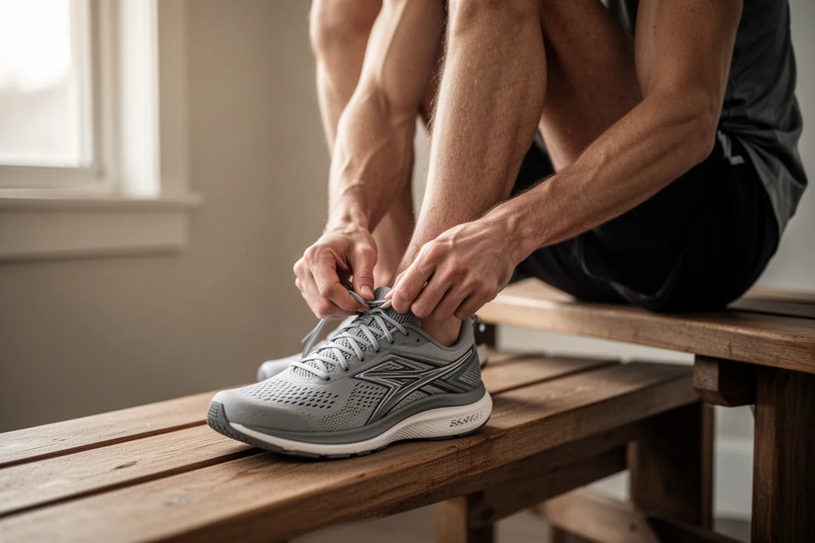 Runner tying the laces of a roomy road running shoe in soft morning light