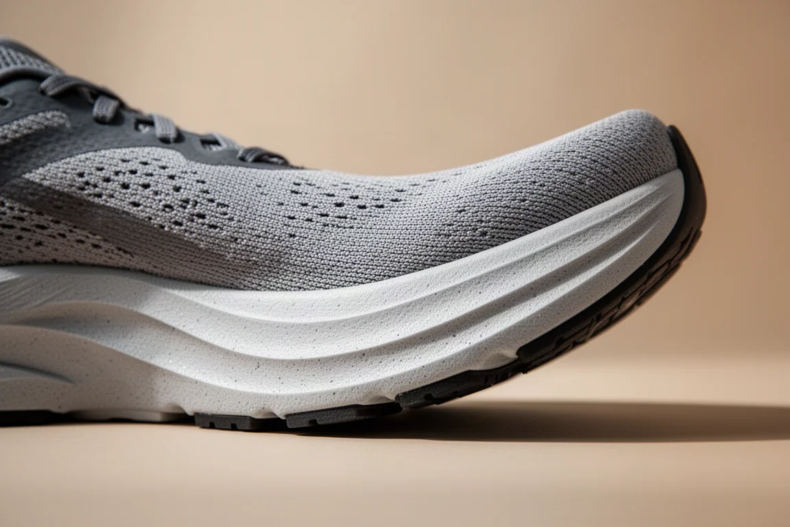 Close-up of a running shoe midsole showing the rocker-style fulcrum curve