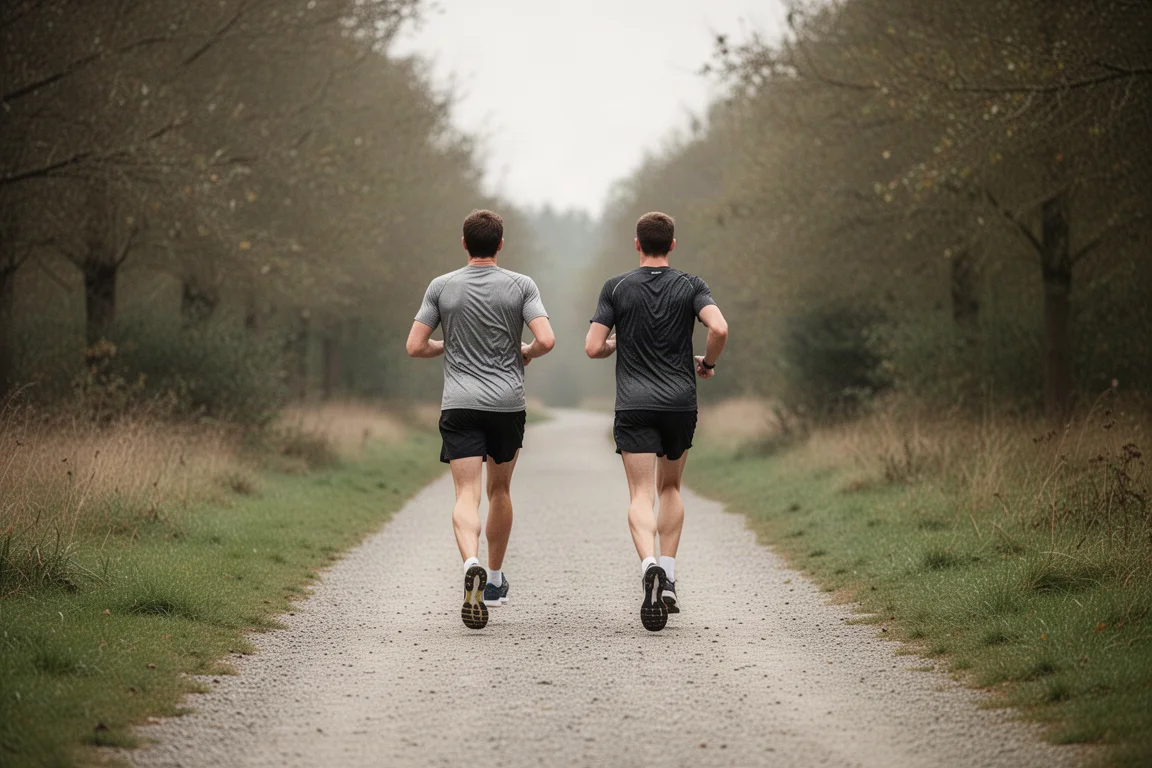 Runners on a quiet gravel footpath at an easy pace in soft daylight