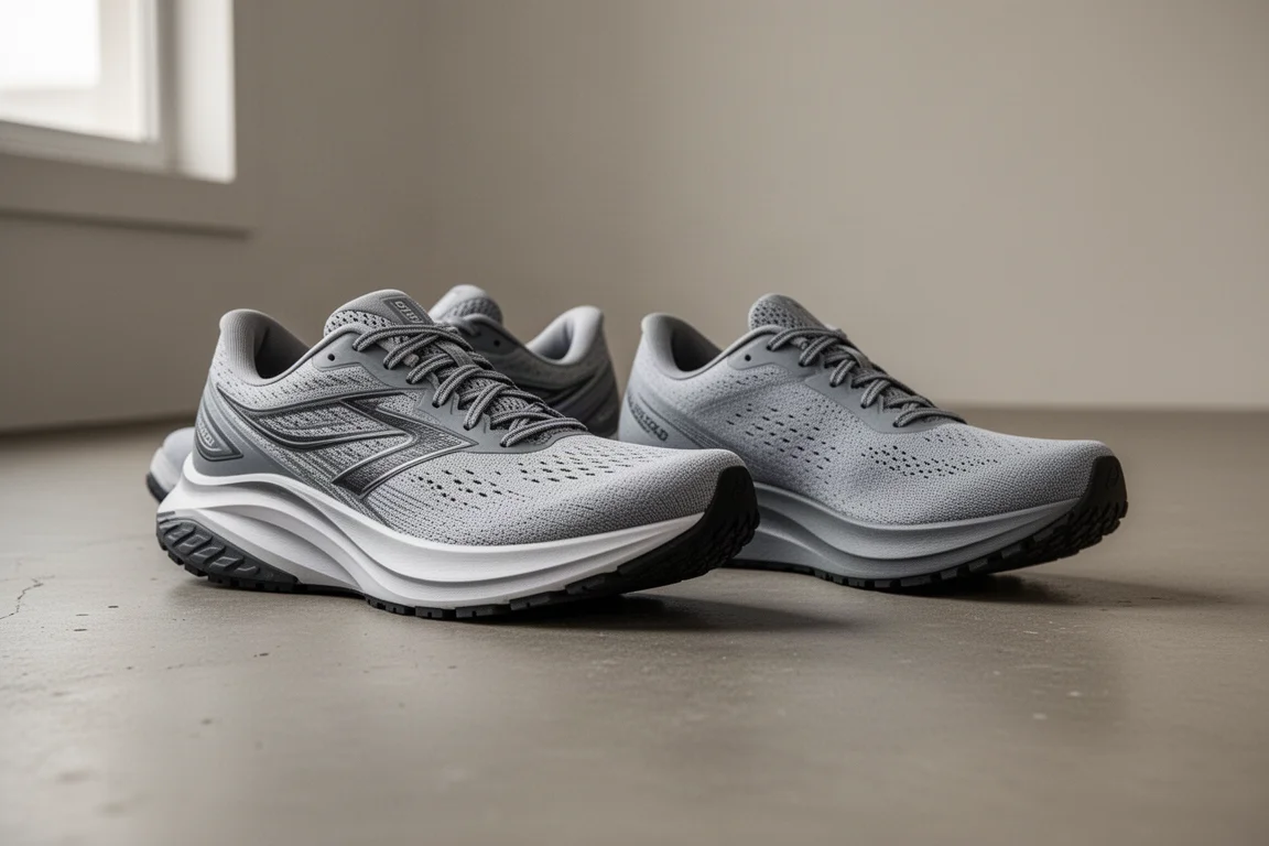 Two running shoes side by side on a concrete floor showing midsole wear