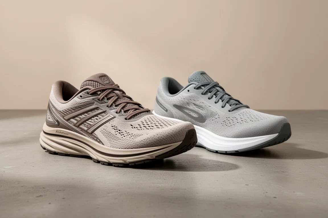 Two generations of Karhu Fusion running shoes side by side on a concrete surface