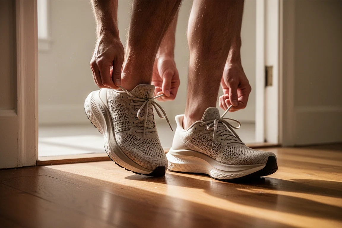 木製の床の上でロードランニングシューズの紐を結ぶランナー