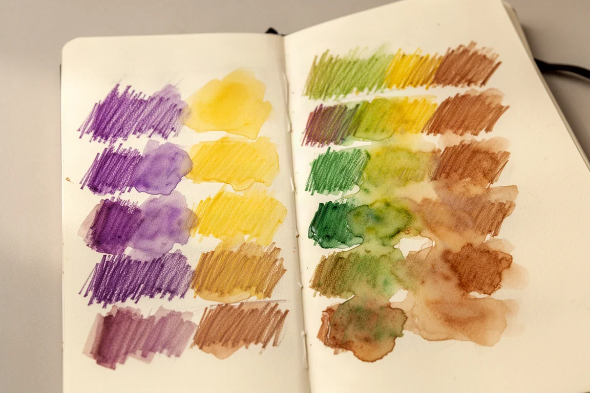 Von Hand aufgetragene Farbreihen von Aquarellstift-Pigmenten auf strukturiertem Skizzenbuchpapier