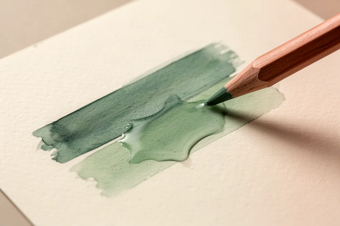 Überlagerte Aquarellstift-Striche, die auf Papier zu sanften, eigenen Tönen verschmolzen sind