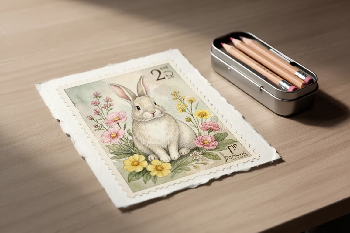 Fertige, weiche botanische Illustration einer Bunny-Briefmarke in Pastelltönen