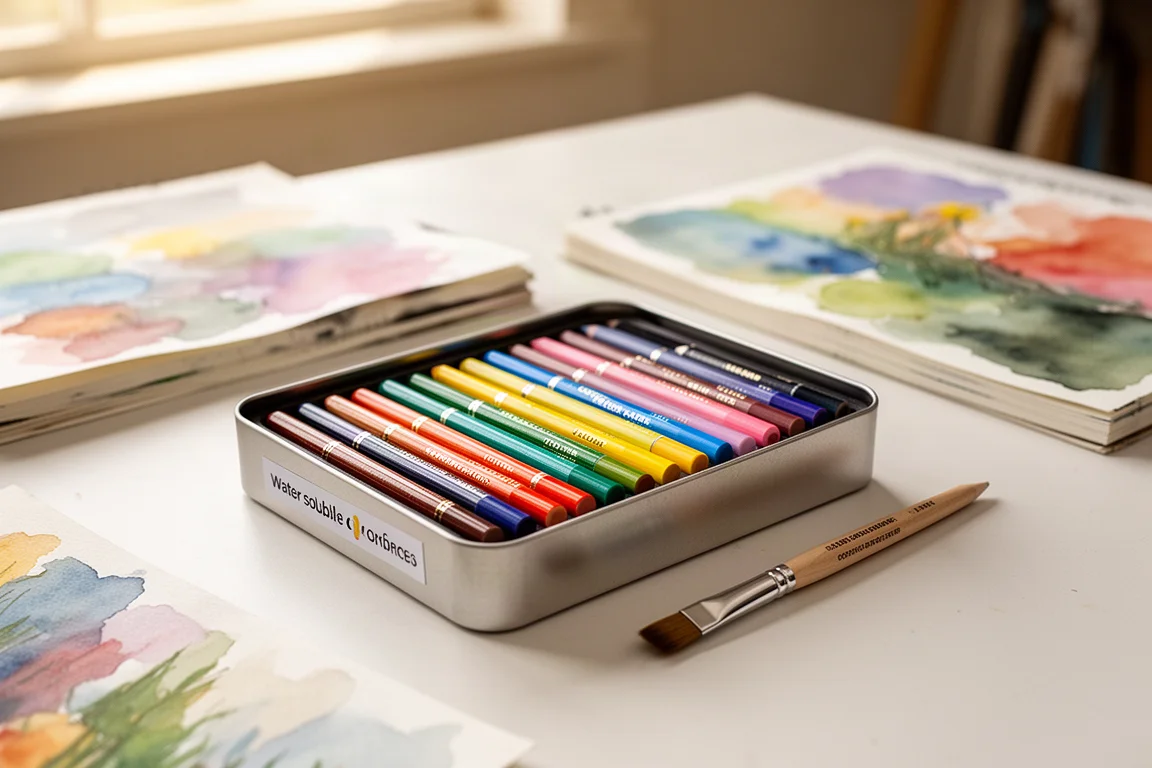 Compact tin of water soluble colored pencils with travel paintbrush on an art studio table