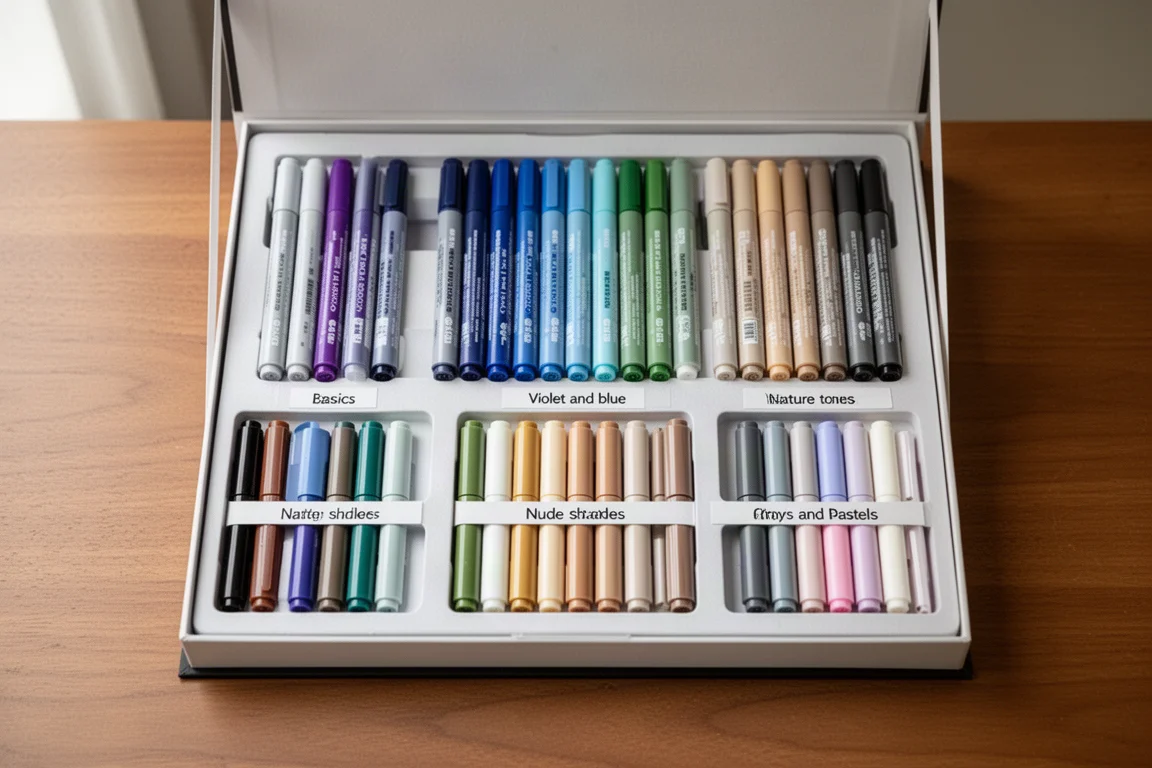Ein Karton mit Paint-Markern, farbcodierte Sets auf einem Schreibtisch ausgelegt