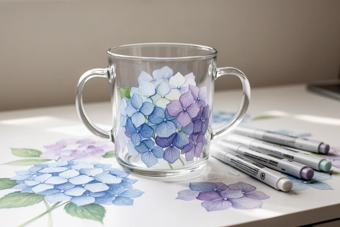 Paint-Marker werden verwendet, um eine klare Glastasse mit Blumenmotiven zu dekorieren