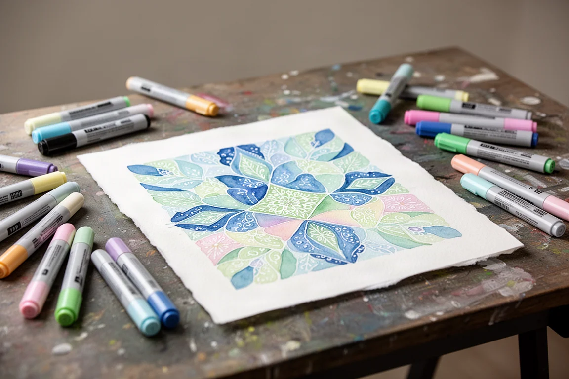 Ein Illustration in Arbeit auf Papier, umgeben von verstreuten Paint-Markern