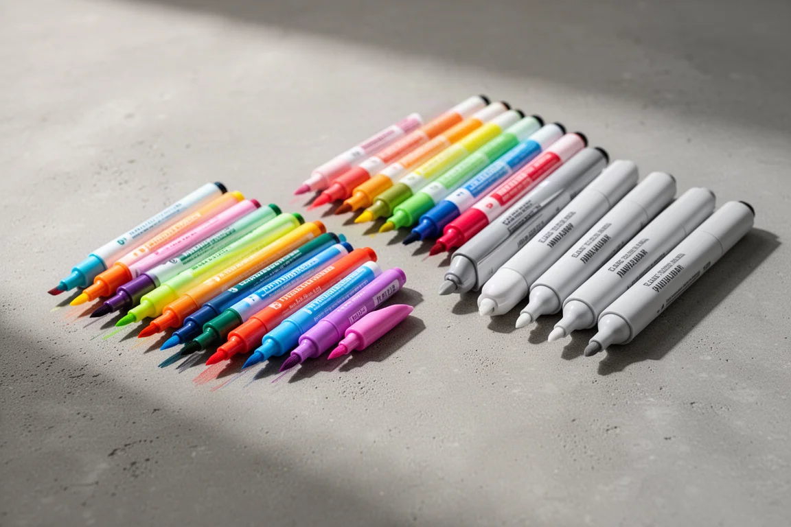Due gamme di pennarelli per pittura con punte a pennello e punte a bulbo disposte fianco a fianco