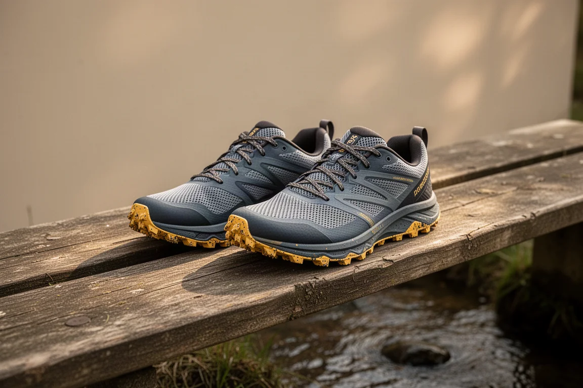 Chaussures de trail posées sur un banc au bord d'un ruisseau après une sortie