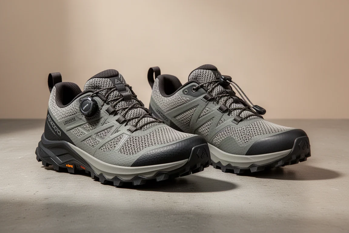Two trail running shoes side by side, one with a Boa dial closure and one with quick laces