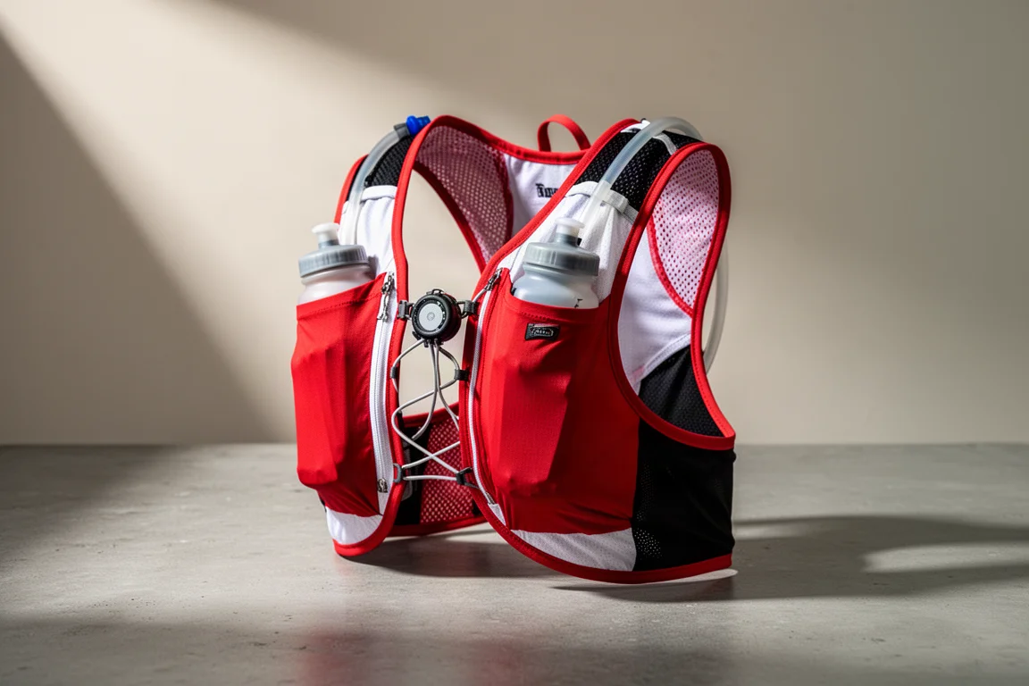 KAS Fuger Air8 V4 hydration vest in red, white and black on a concrete surface