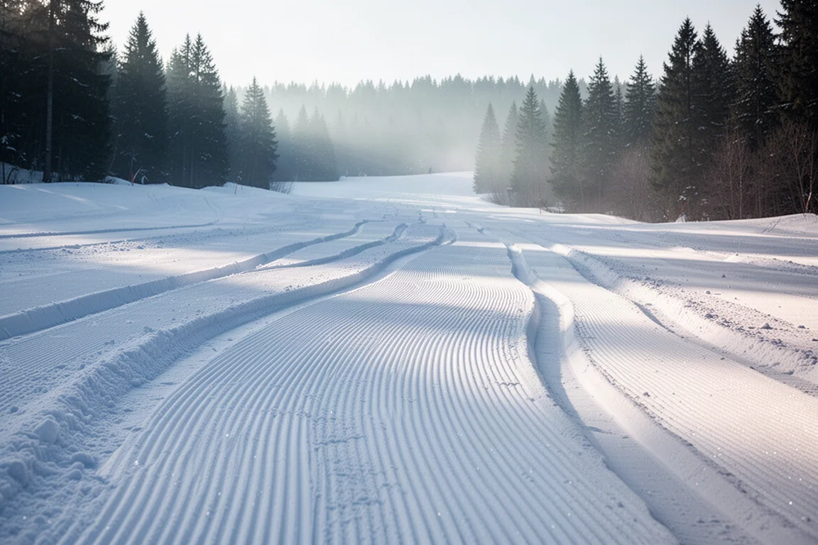 Freshly groomed piste with parallel carved trenches in early morning light