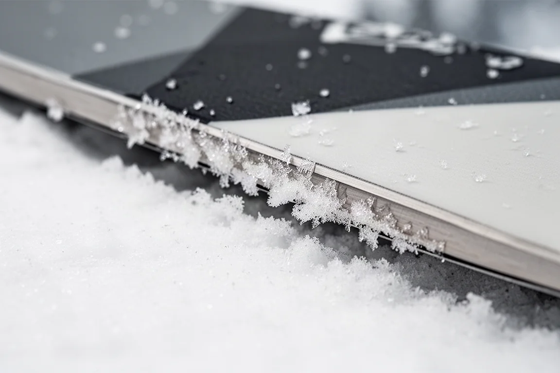 Close-up of a ski edge and sidewall pressed into firm groomed snow