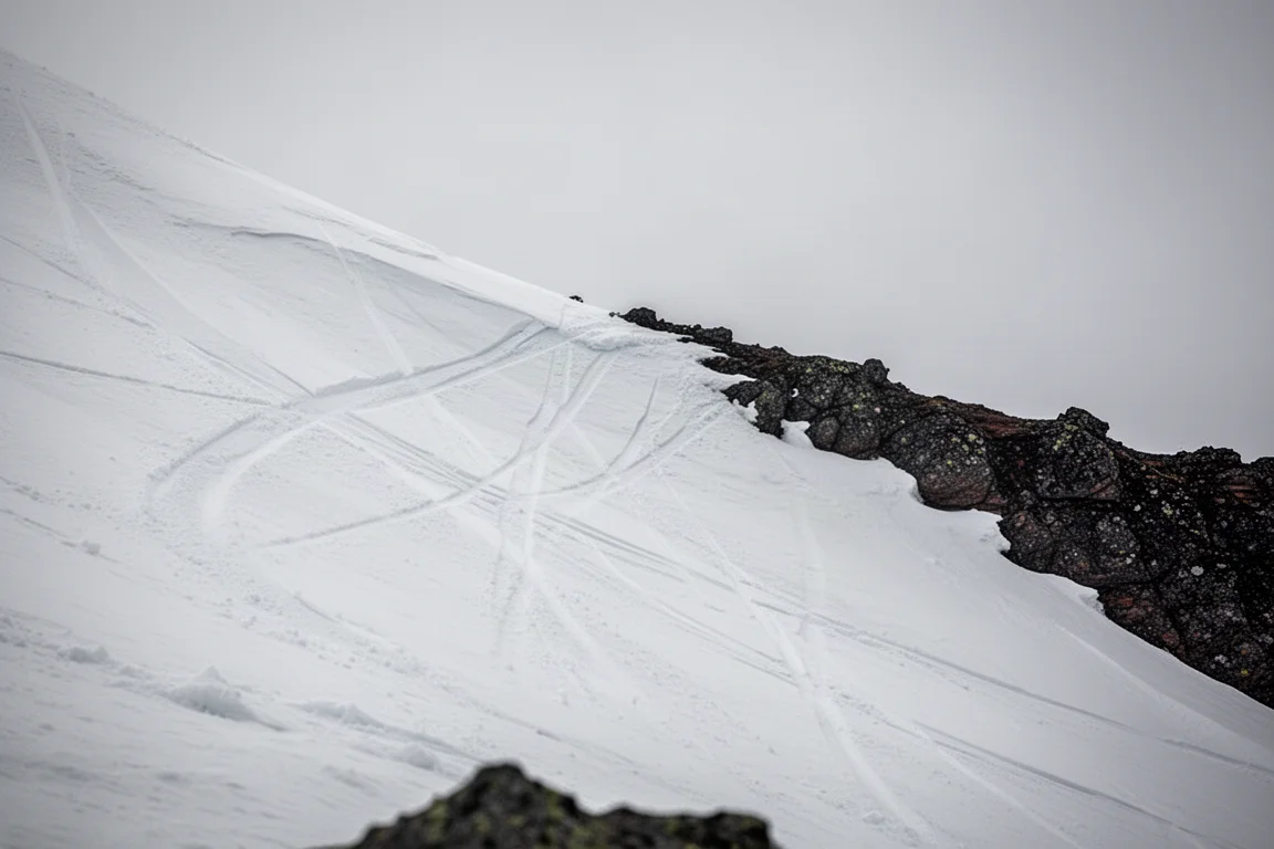 Hard wind-scoured groomed slope with faint ski edge marks in flat light