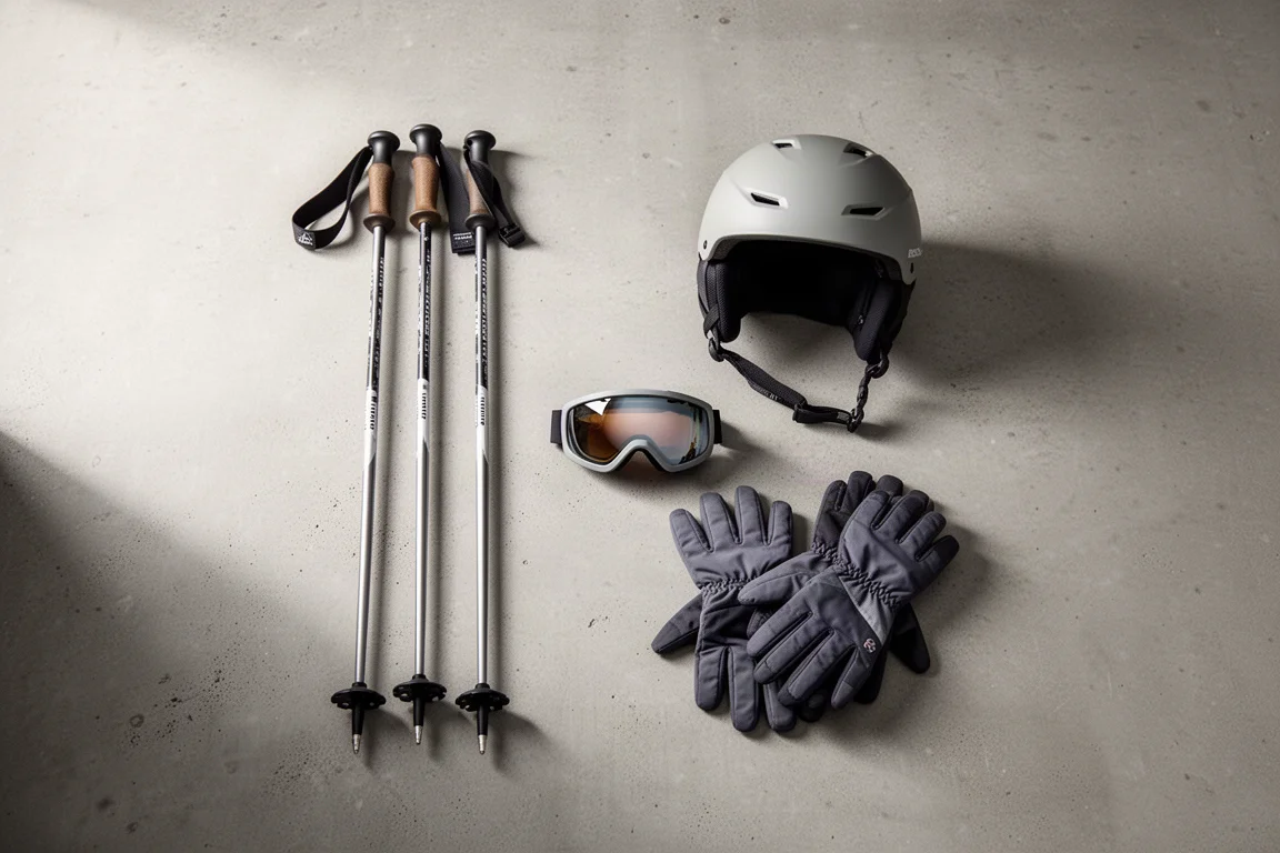 Overhead flat-lay of ski poles, helmet, goggles and gloves on concrete