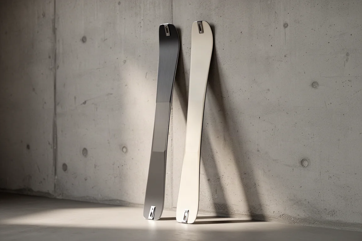 Pair of frontside all-mountain skis standing against a matte concrete wall
