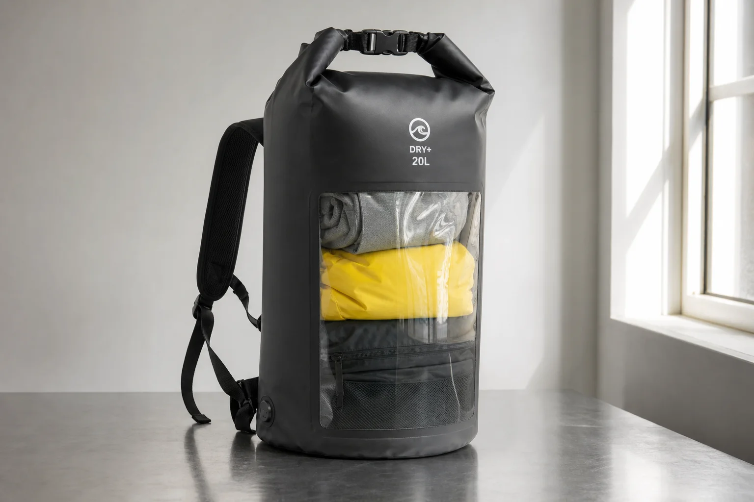 Fem vattentäta dry bags i olika storlekar och färger uppställda på betongunderlag