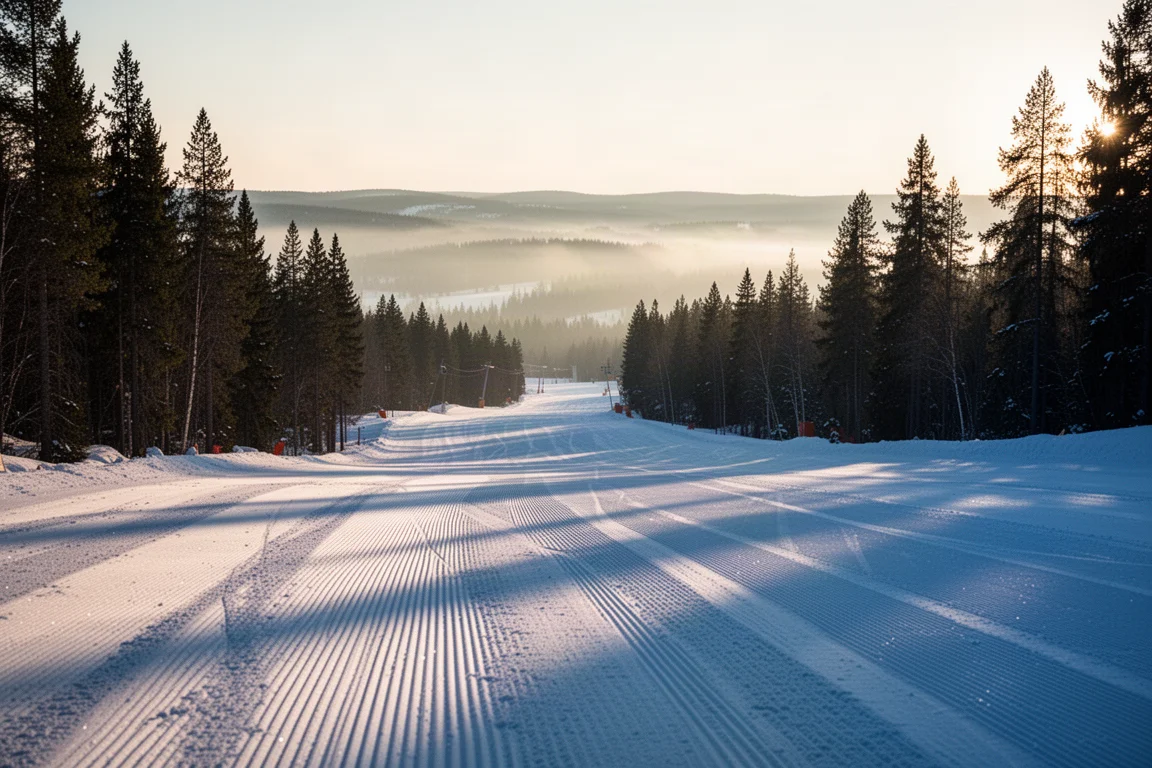Pista da sci battuta all'alba con fresche righe a corda di violino e pini