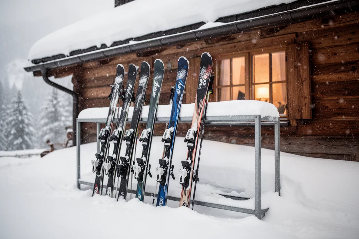 Fila di sci in uno slot davanti a un rifugio di montagna innevato