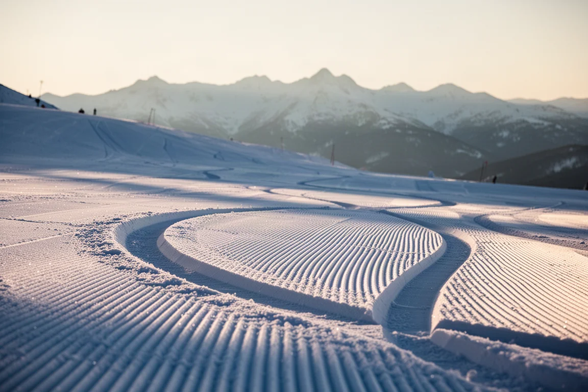 Tracce scolpite da sci su una pista battuta nella luce del tardo pomeriggio