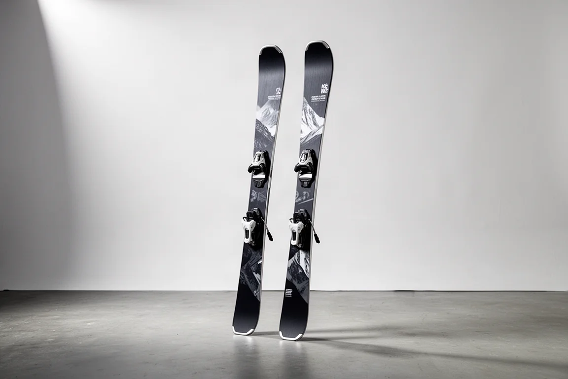 Coppia di sci all-mountain frontside in piedi su un pavimento di cemento con sfondo grigio