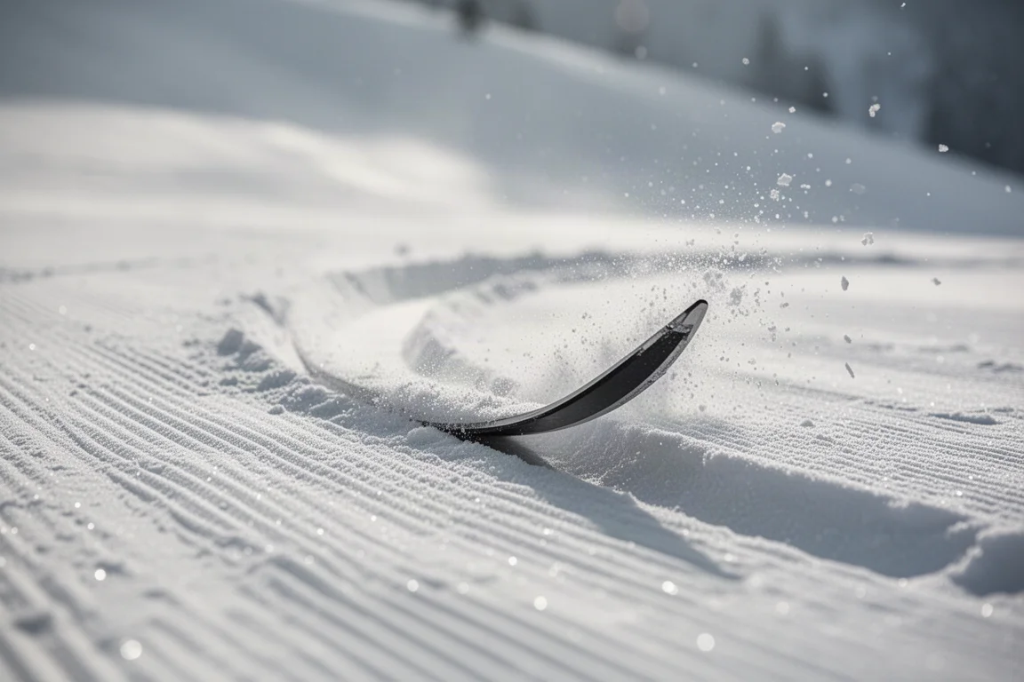 Primer plano de un canto de esquí abriendo un surco nítido en la nieve pisada