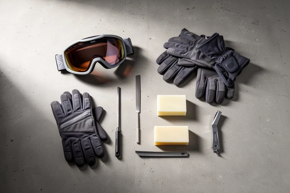 Vista cenital de equipo de esquí con gafas, guantes y herramientas de afinado