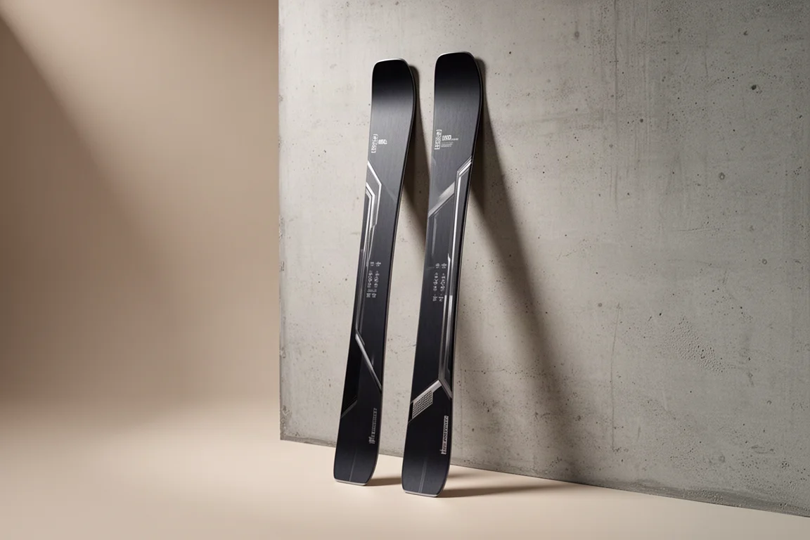 Pair of dark matte all-mountain skis leaning against a concrete wall