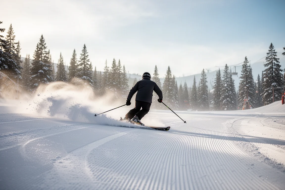 Skieur taillant un long virage sur une piste de station fraîchement damée à la lumière du petit matin