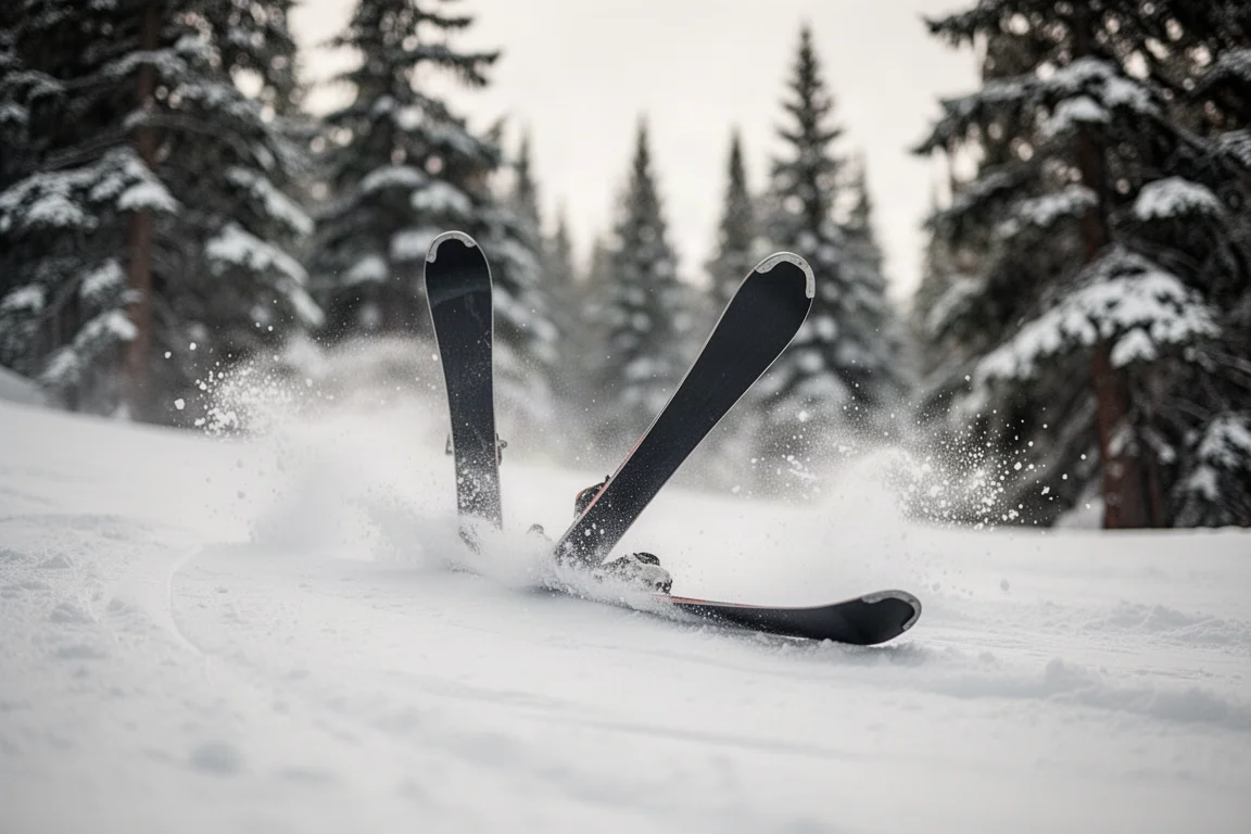 Des spatules de ski flottant au-dessus de neige douce sur une pente bordée d'arbres