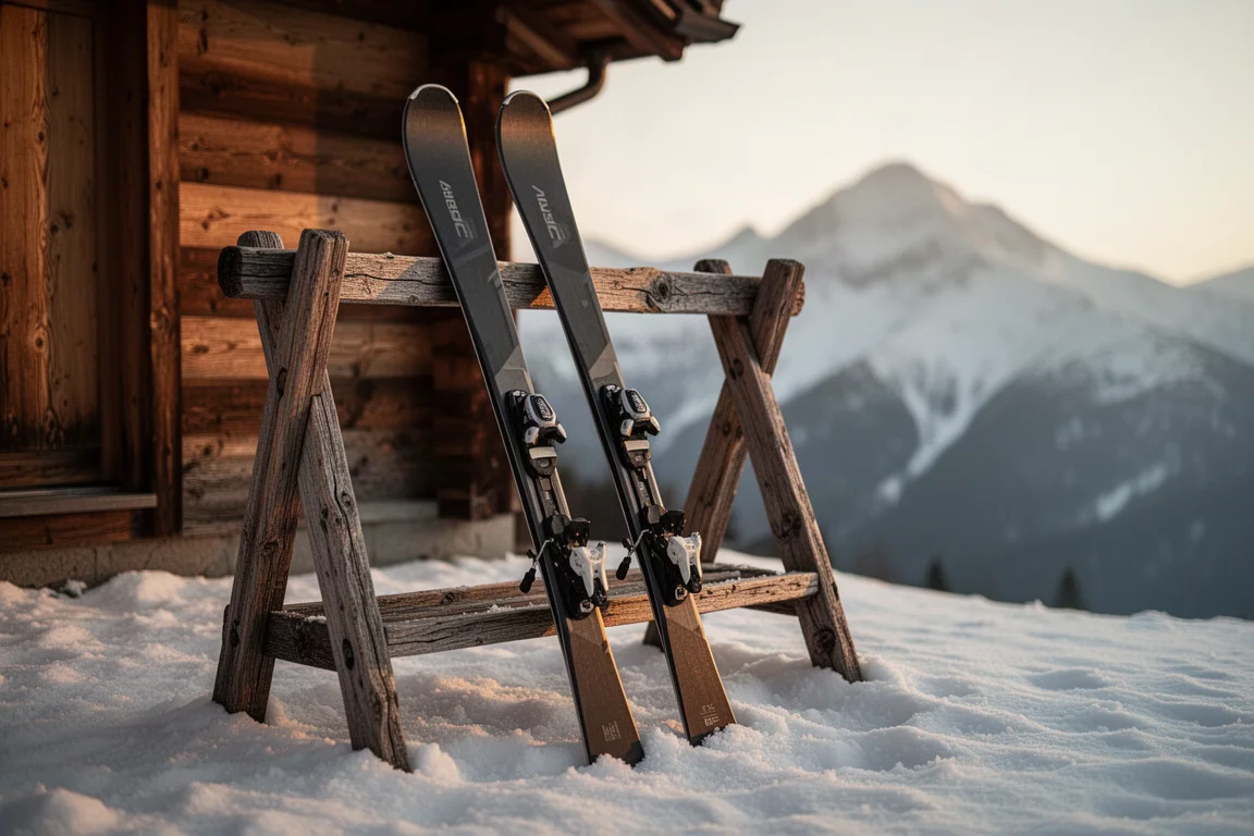 Paire de skis all-mountain appuyée contre un porte-skis en bois devant un chalet de montagne