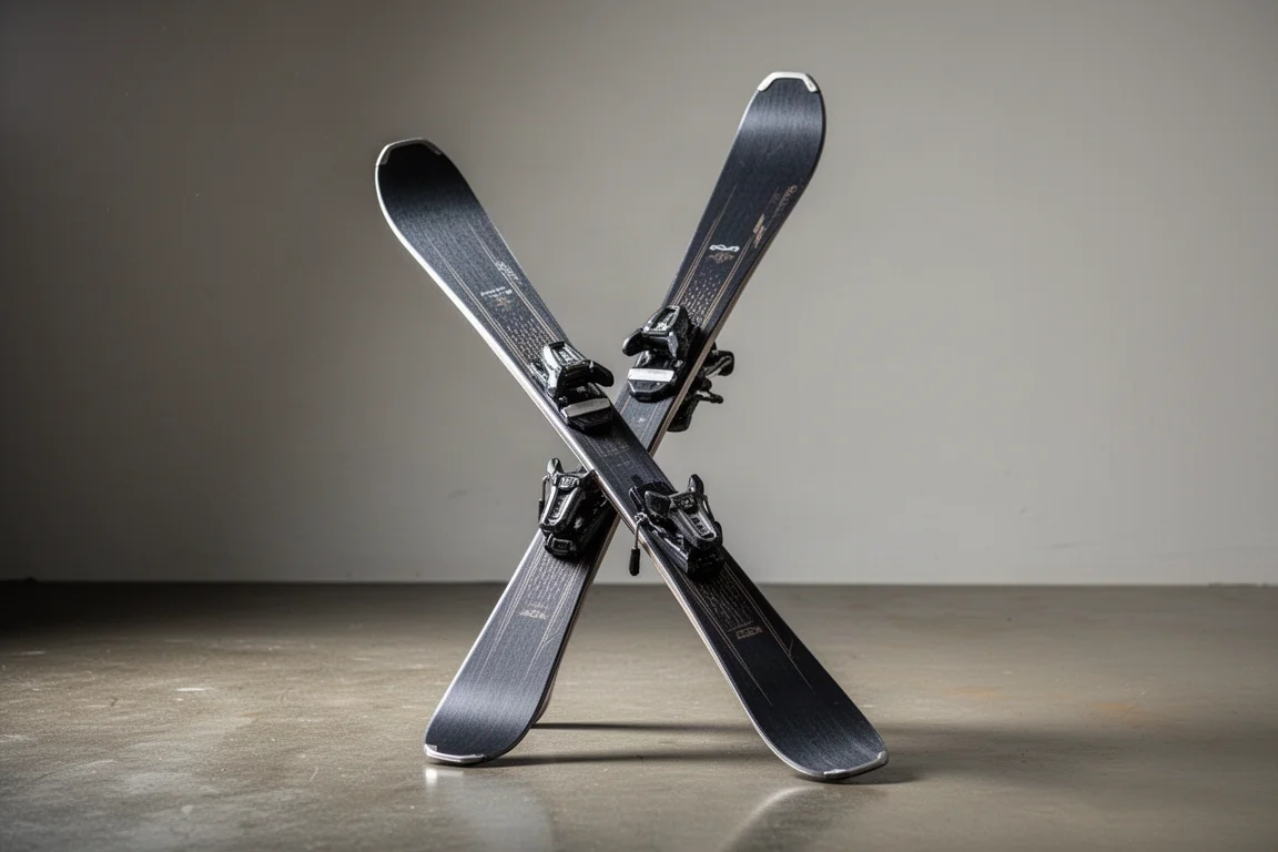 Paire de skis all-mountain de 90 mm environ dressés verticalement sur une surface en béton ciré