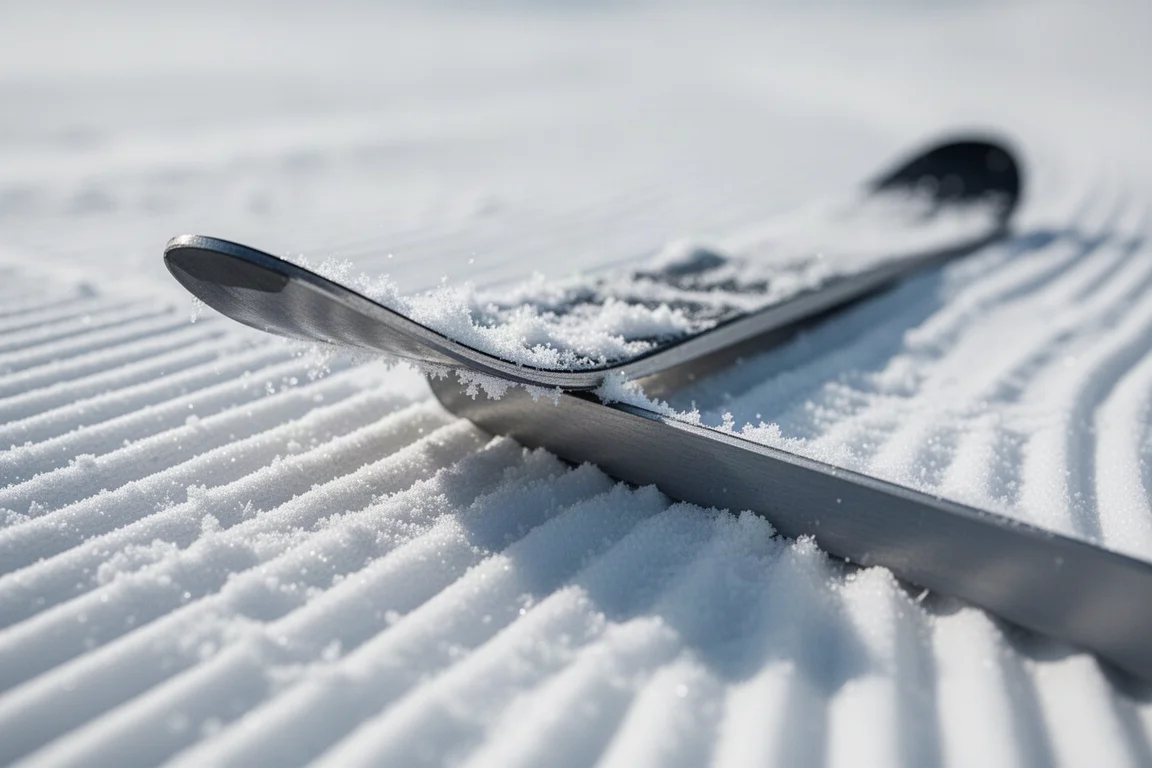 Zbliżenie na krawędź narty wciśniętą w przygotowany śnieg, widoczny camber wzdłuż ślizgu