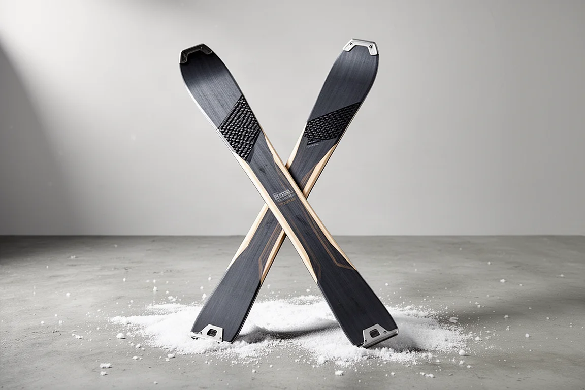 Pair of narrow all-mountain skis with carbon inlay topsheets on snow-dusted concrete