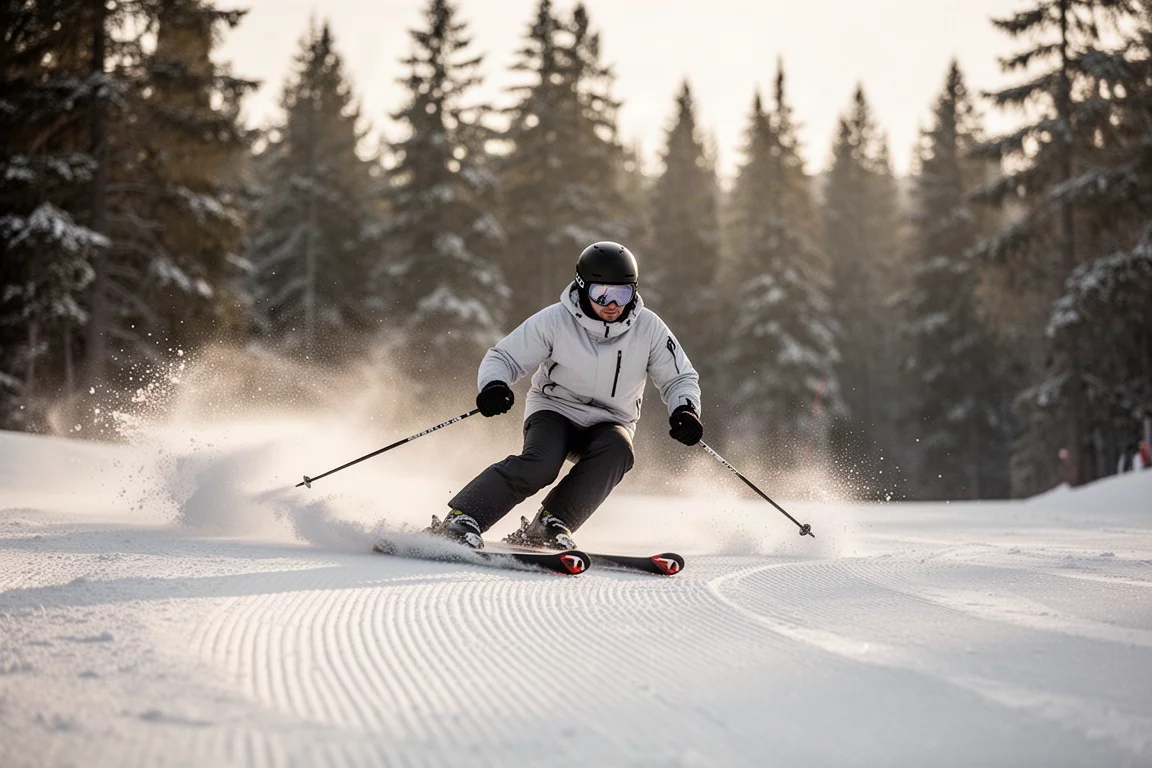 Skier carving a fast turn on a groomed run in early morning light