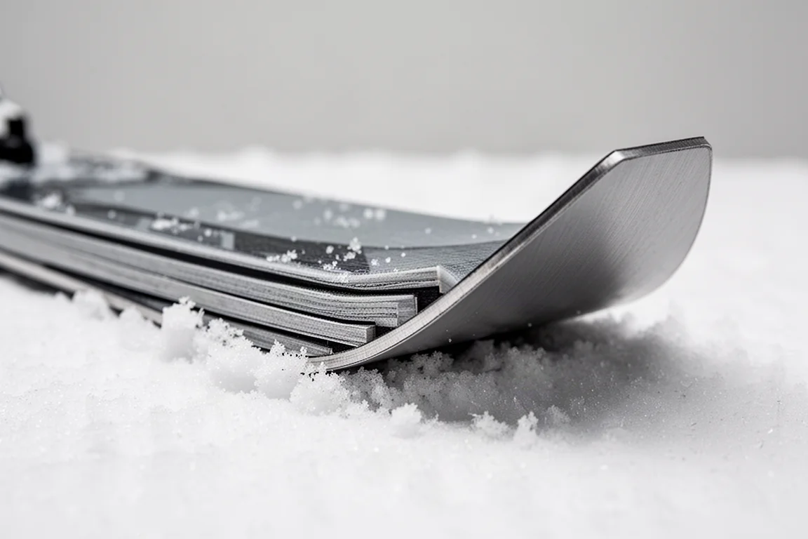 Close-up of a ski sidewall showing metal laminate layers and a squared tail