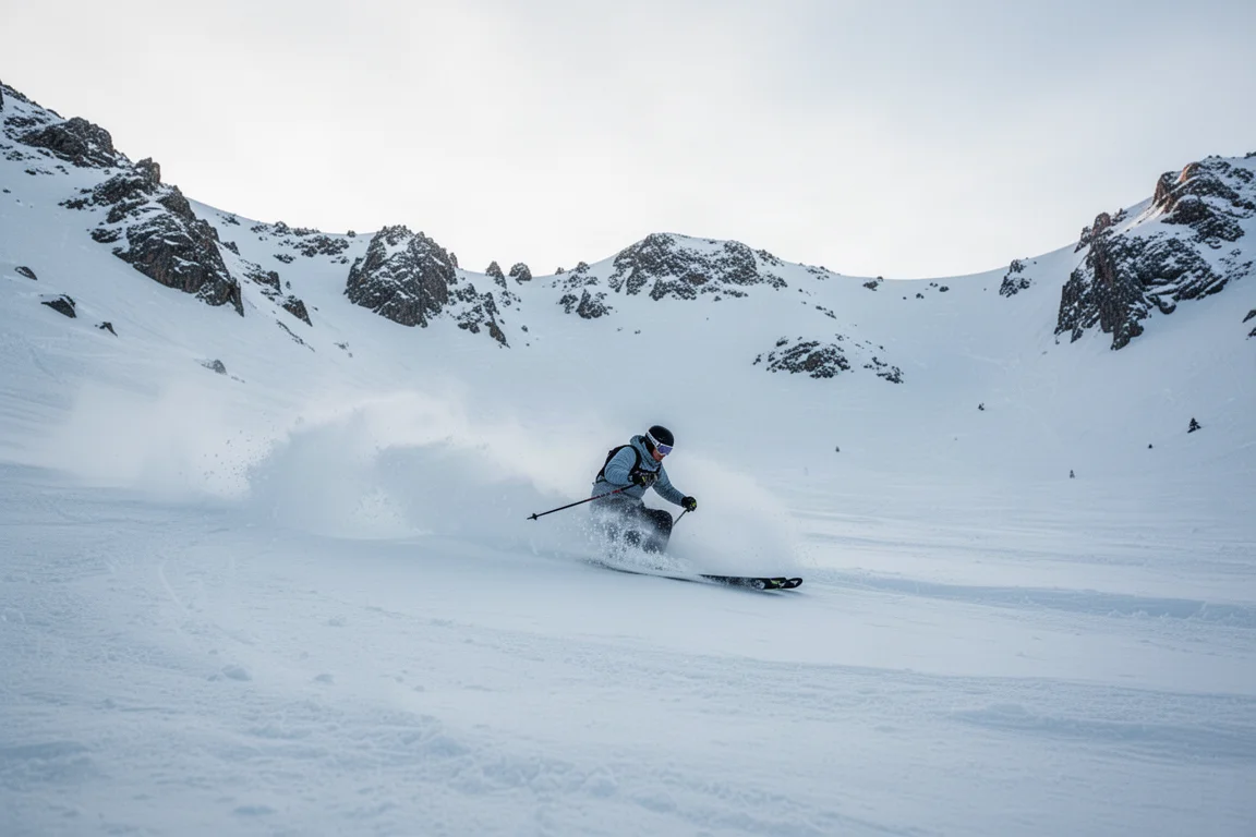 Skier making a long carved turn through an open chalky snow bowl