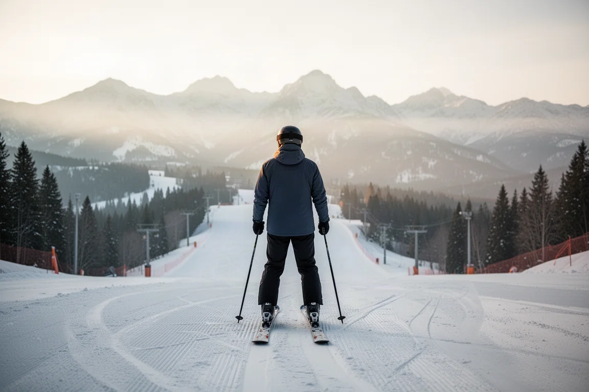 Skier paused at the top of a groomed run planning a fast descent