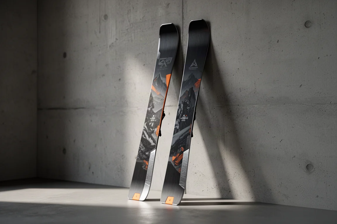 Pair of wide all-mountain skis standing against a matte concrete wall in soft daylight
