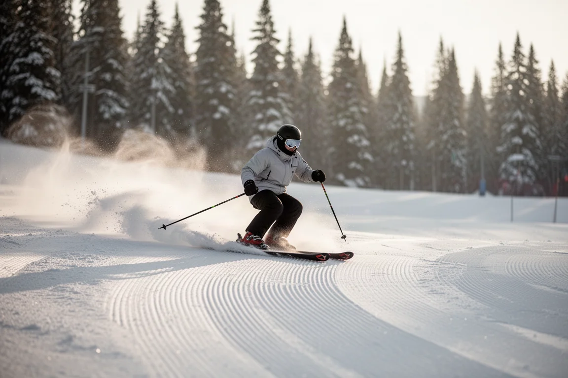 Skieur traçant une courbe sur une neige damée en basse lumière matinale